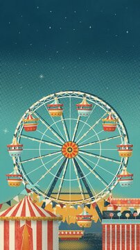 Vintage Ferris wheel at an evening fair in 1950s illustration style, chasing lights, striped circus tent and bunting, vertical video seamless loop