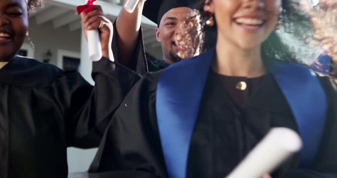 Walk, friends and excited at graduation for diploma qualification, degree completion and pride. Cap, people or happy with certificate on campus for masters ceremony, education goals or graduate class