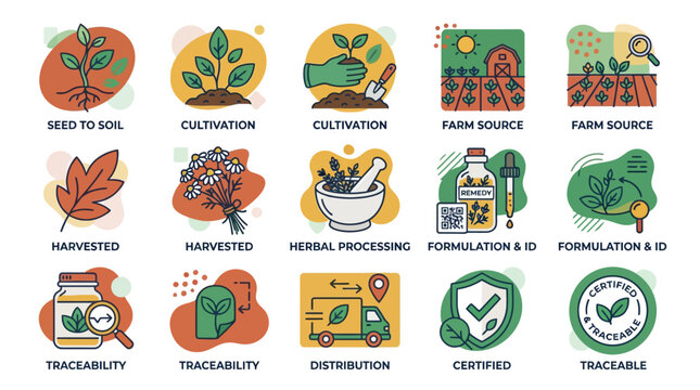Farm to table organic agriculture and traceability icons.