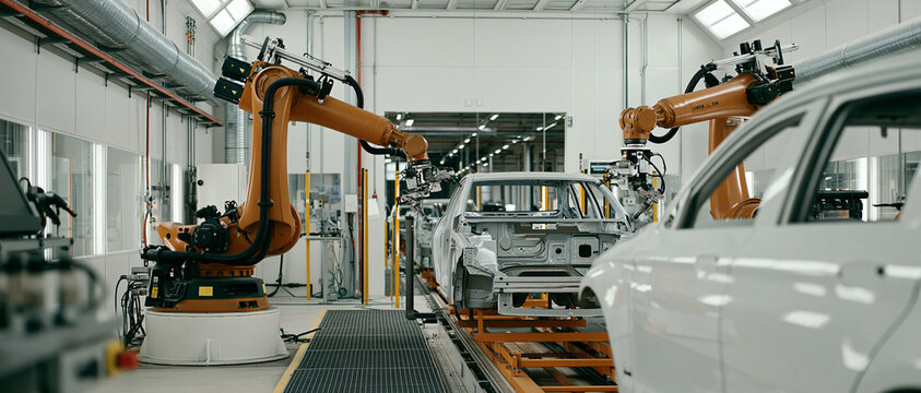 Industrial Automated Robotic Assembly Line in Manufacturing Plant