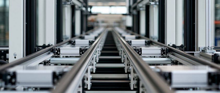 Automated Industrial Conveyor System Track in Factory Warehouse