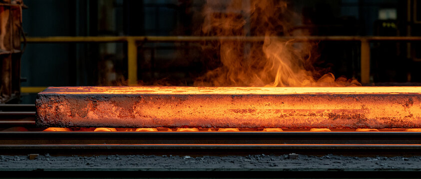 Glowing Hot Metal Billet in Heavy Steel Mill Foundry