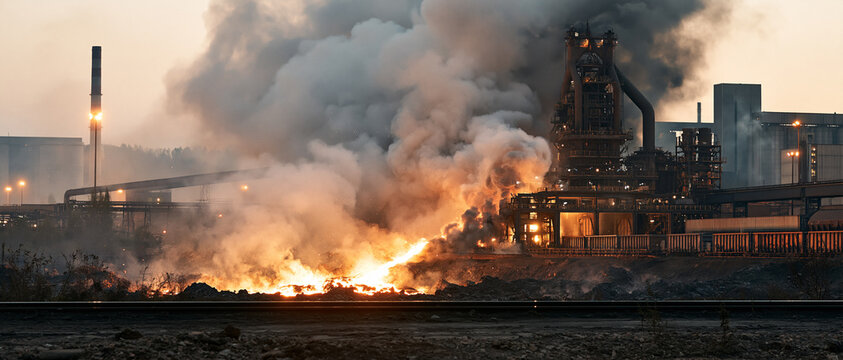 Heavy Industrial Steel Mill Smelting Plant with Smoke and Fire
