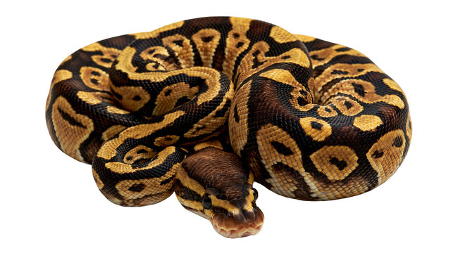 Coiled ball python with brown and yellow patterned scales