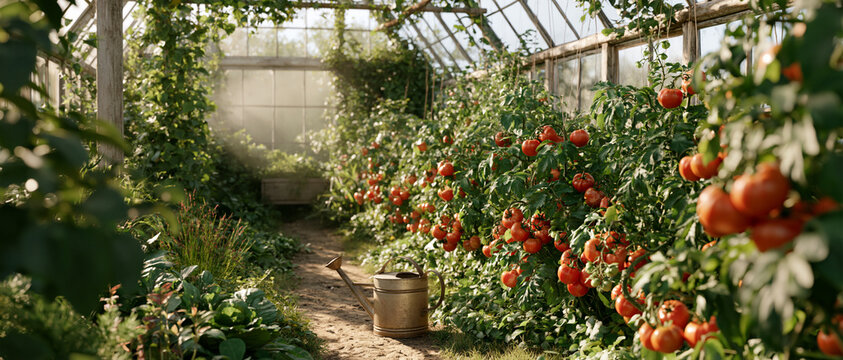 Lush Green Greenhouse Interior with Ripening Tomato Plants