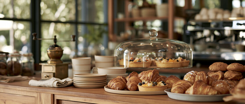Cozy Bakery Coffee Shop Display Counter with Pastries and Bread