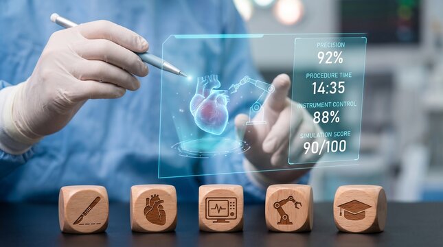 Surgeon uses specialized digital interface to analyze complex robotic heart surgery simulation data with high precision while wearing protective medical gloves in a modern laboratory