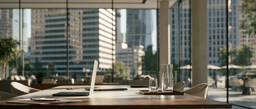 Modern Office Workspace Laptop on Desk with City Skyline Window View