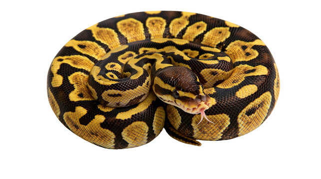 Coiled ball python with yellow and black patterned scales and flicking tongue