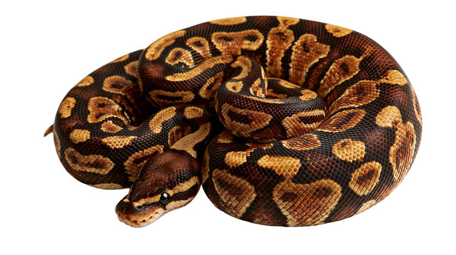 Coiled brown and tan patterned ball python snake