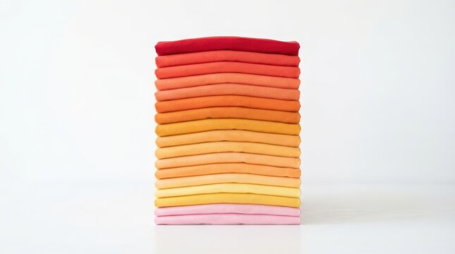 A stack of colorful folded tshirts arranged in a gradient color spectrum isolated on white background
