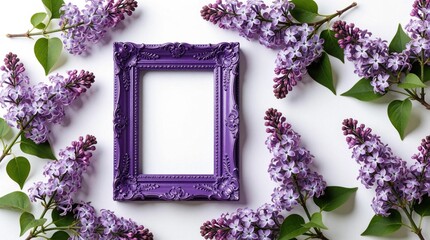 Fototapeta premium Purple ornate frame sits on white background surrounded by lilac flower branches. Beautiful violet blossoms with green leaves create floral border. Spring nature concept for wedding invitation, card