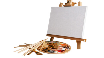 Wooden easel with blank white canvas and paint palette with assorted brushes