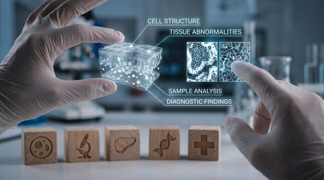 Scientist examining holographic skin layers and tissue abnormalities using advanced digital technology interface in modern laboratory