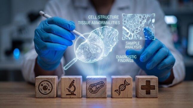 Medical researcher interacting with holographic interface analyzing cell structures and tissue abnormalities using digital tools