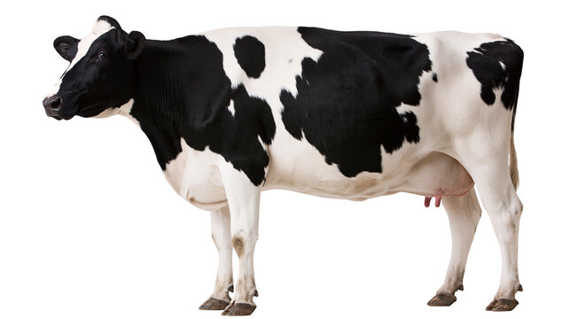 Black and white Holstein Friesian dairy cow standing in profile