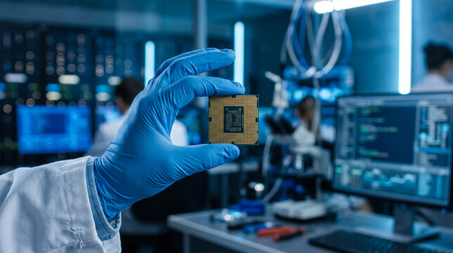 Gloved hand holding CPU microchip in high-tech laboratory, digital innovation and computer engineering