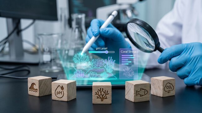 Dedicated marine scientist wearing blue gloves examines digital holographic coral reef displays using a magnifying glass and stylus pen while analyzing environmental data in modern laboratories.