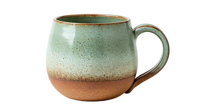 Speckled green and brown ceramic mug with rounded shape and handle