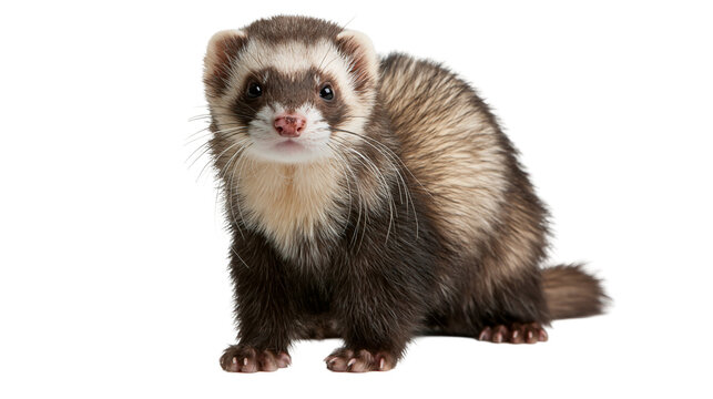Cute brown and white ferret standing and looking forward