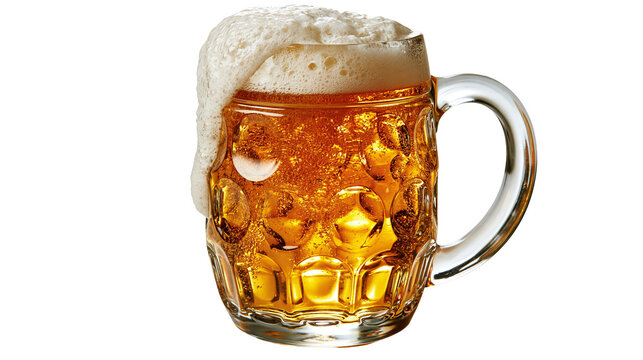 Frothy golden beer in a dimpled glass beer mug with handle