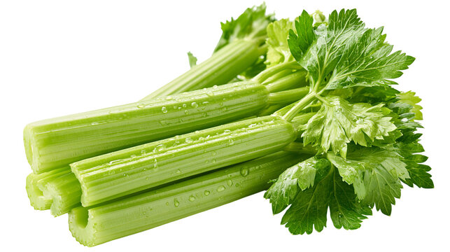 Fresh green celery stalks with leaves and water droplets