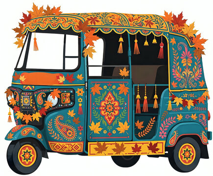pakistani rickshaw, auto rickshaw, truck art pakistan, pakistan transport, autumn leaves, fall season, maple leaves, mashaAllah, desi rickshaw, Lahore rickshaw, colorful rickshaw, vector illustration,
