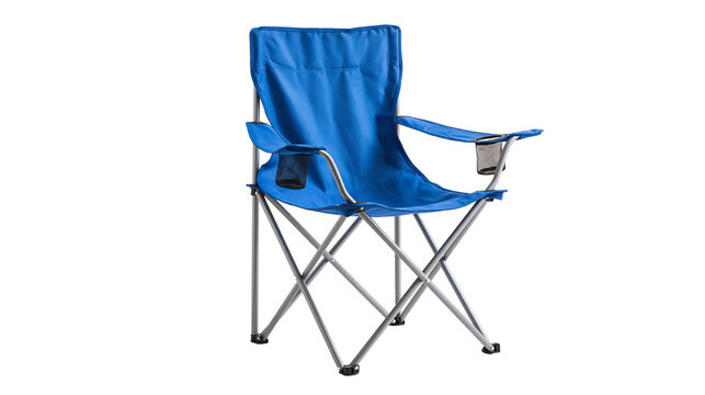 Blue foldable camping chair with metal frame and mesh cup holders