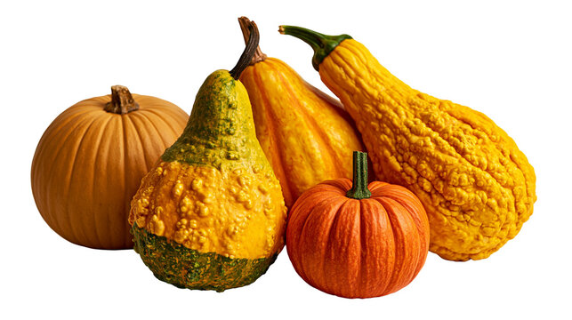 Assorted colorful pumpkins and bumpy gourds for autumn harvest decoration