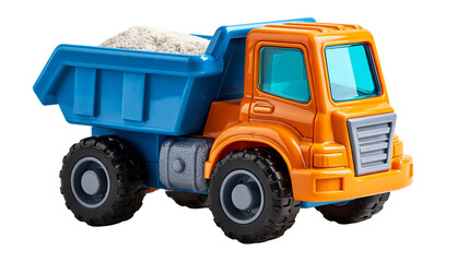 Orange and blue plastic toy dump truck filled with sand © Maria