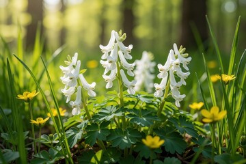 Obraz premium White corydalis flowers bloom in green forest during spring. Wild blossoms grow among grass, yellow buttercups. Sunny woodland scene shows fresh spring flora in natural habitat. Small delicate plants