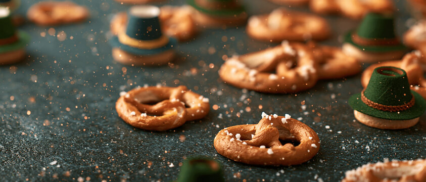 Oktoberfest Pretzels and Beer Mugs on Dark Surface