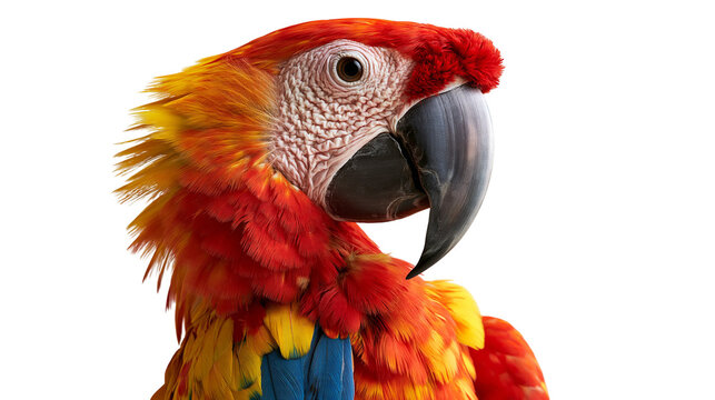 Vibrant scarlet macaw parrot head portrait with bright red and yellow plumage