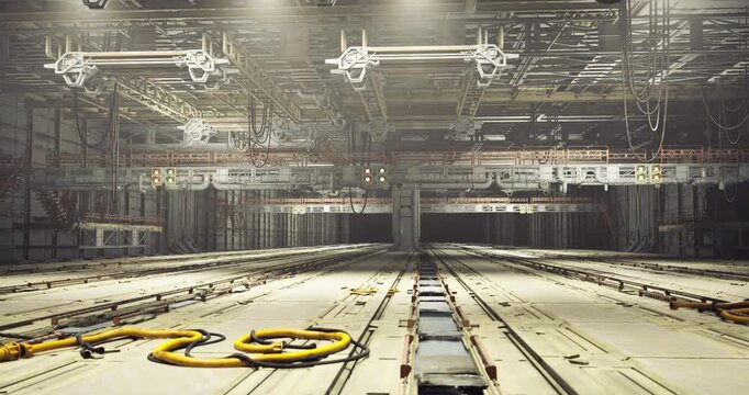 dense overhead network of pipes and conduits with suspended brackets and manifold clusters, pumps and regulators mounted along trusses, industrial lighting