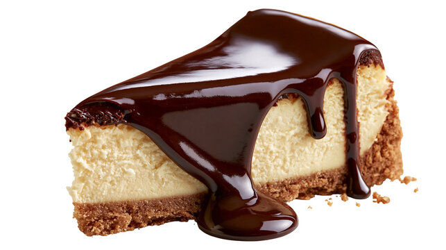 Creamy cheesecake slice topped with thick glossy dark chocolate ganache sauce