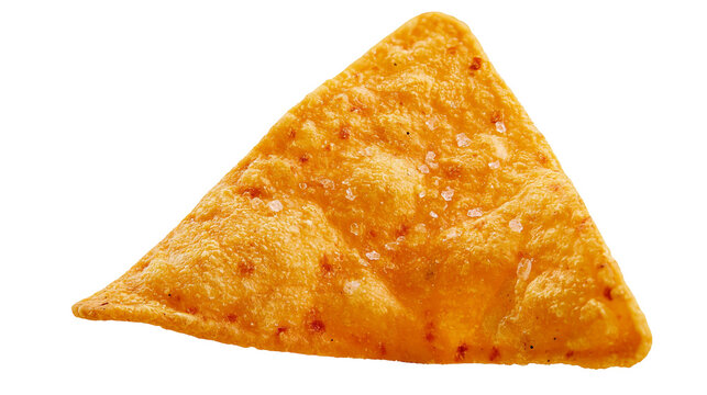Single crispy golden corn tortilla chip with coarse sea salt crystals
