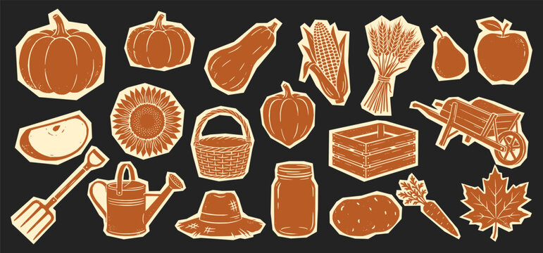 Autumn harvest vector stickers bundle. Linocut pumpkin corn apple sunflower element. Rustic harvest farm print pod. Autumn vintage t-shirt design.