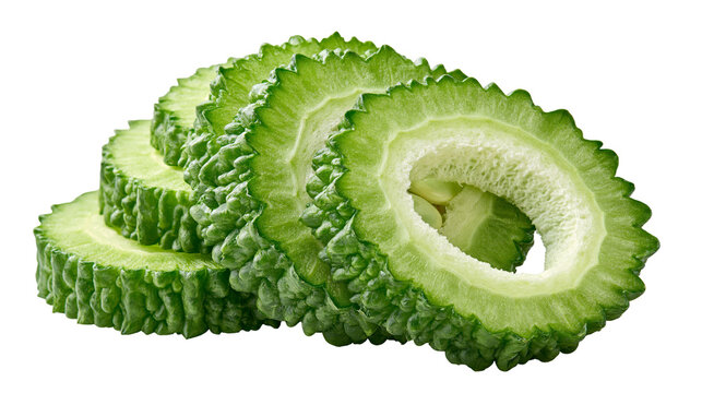 Fresh sliced bitter melon vegetable rings with bumpy green skin