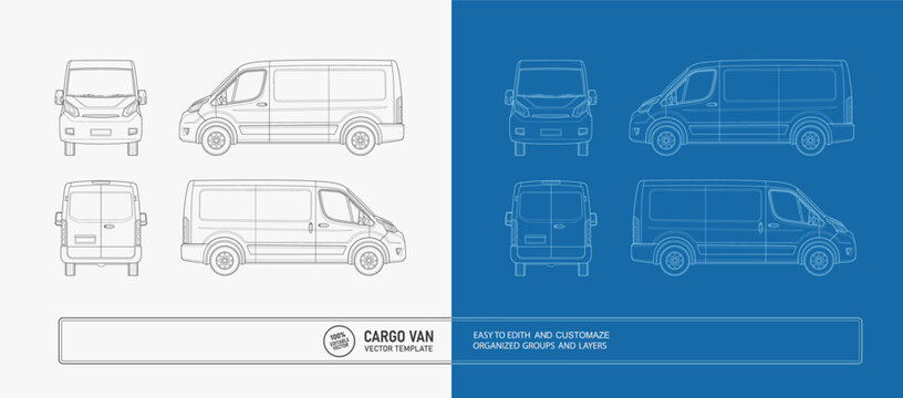 Cargo van blueprint vector template with four different views. Editable technical line drawing van for automotive design, engineering and vehicle illustration