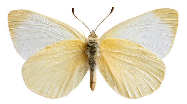 Pale yellow and white Pieris brassicae butterfly with delicate veined wings