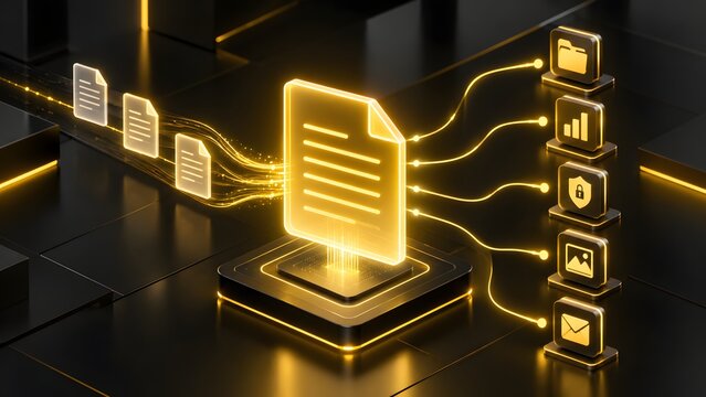 Golden Glowing Document Being Processed And Transferred To Multiple Icons