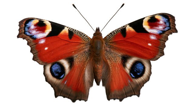 Peacock butterfly with vibrant red orange wings and distinctive blue eyespots