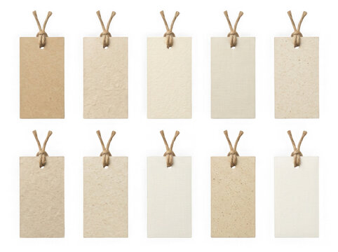 Set of ten blank brown paper price tags with twine strings in various shades of recycled craft paper isolated on transparent background