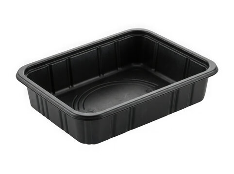 Empty black plastic food tray container for packaging isolated on transparent background