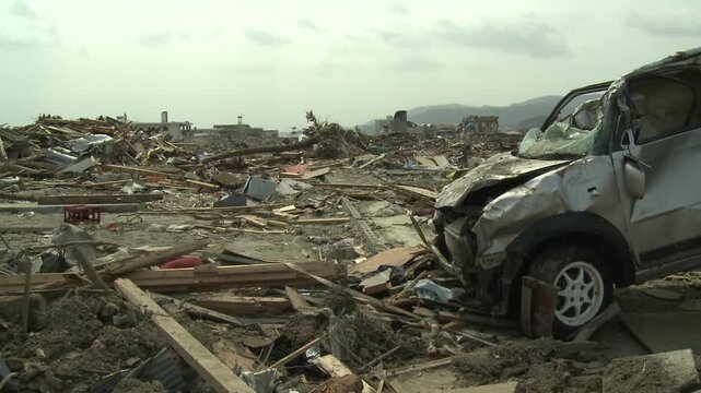 Wreckage And Destruction In Aftermath Of Tsunami In Japan