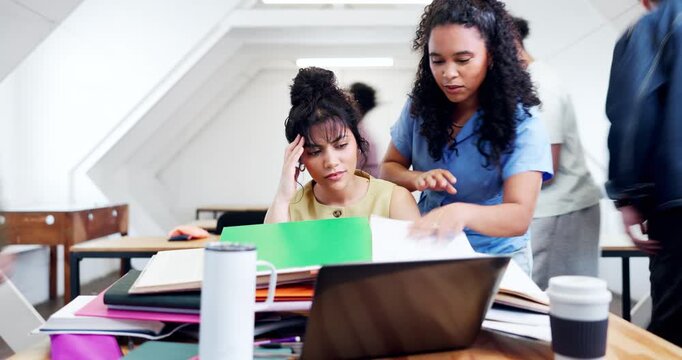 Student, laptop and group with chaos in university for academic pressure or overworked stress. Woman, overwhelmed or school project manager with documents in timelapse for team deadline or assignment