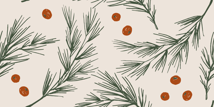 Hand-Drawn Botanical Pine and Berry Pattern Background