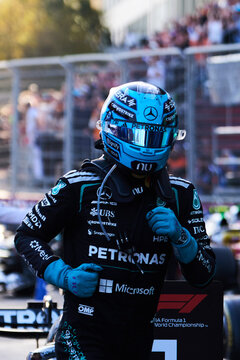 BAKU, AZERBAIJAN - SEPTEMBER 2026: Mercedes F1 driver George Russell celebrates standing on his car in parc ferme during Formula 1 Azerbaijan Grand Prix 2026