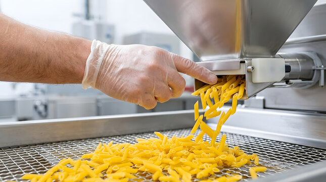Worker hand adjusting pasta on mesh conveyor industrial food production