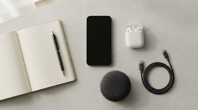 Flat lay of smartphone notebook and tech accessories on concrete desk